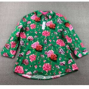 Perlavera Blouse Women L Green Floral Print Button Front Three Quarter Sleeve